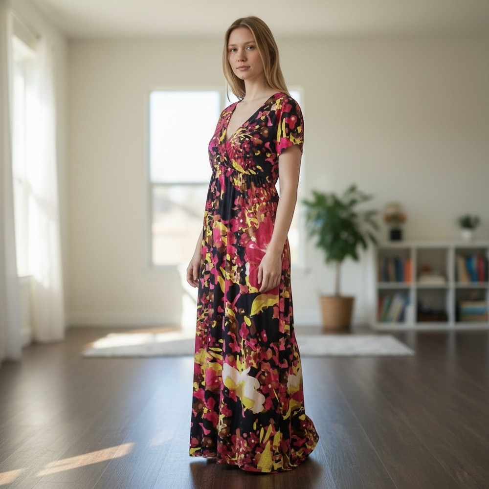 Pure Energy Maxi Dress Womens 2 Multicolor Floral V-Neck Short Sleeve Casual SEO